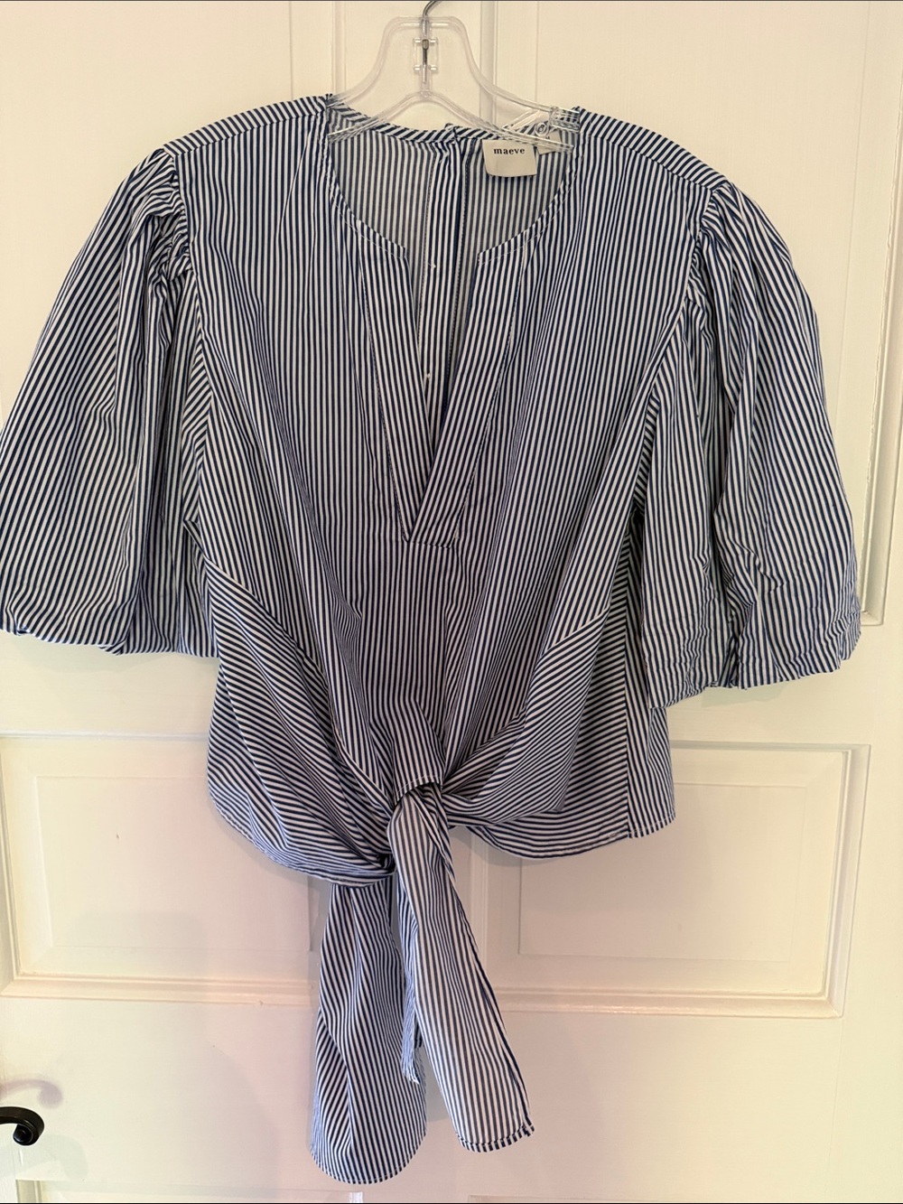 Maeve Blue and White Vertical Stripe Button-Down Top